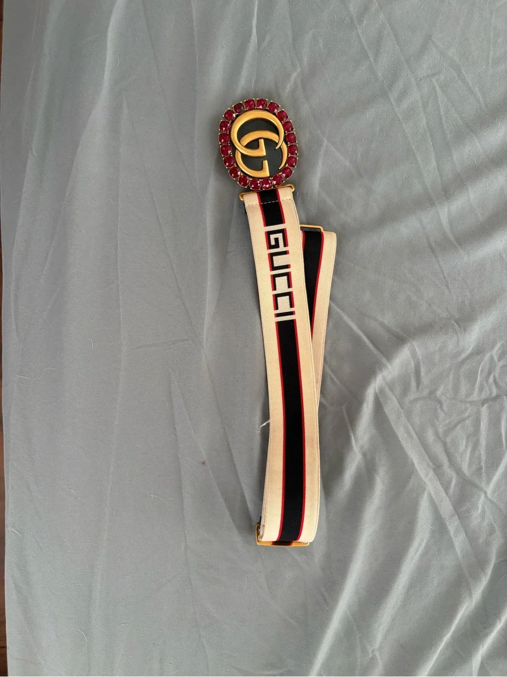 Gucci beige black red striped canvas strap with gold hardware